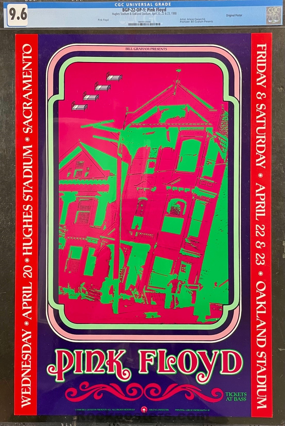 AUCTION -  BGP-22 - Pink Floyd - Arlene Owseichik - 1988 Poster - Oakland & Hughes Stadium - CGC Graded 9.6