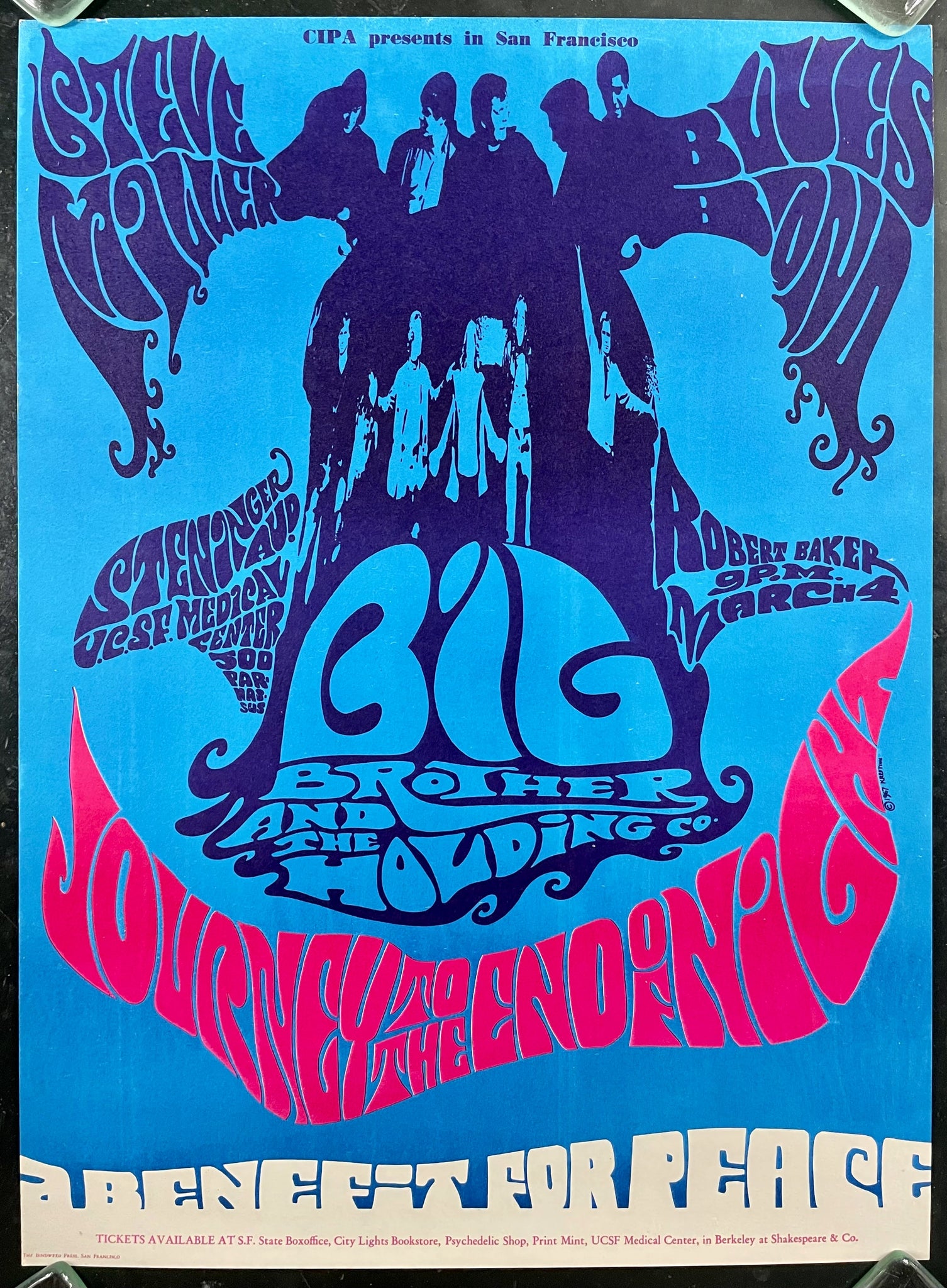 AUCTION - Janis Joplin Big Brother - Benefit For Peace  - 1967 Poster - UCSF - Near Mint