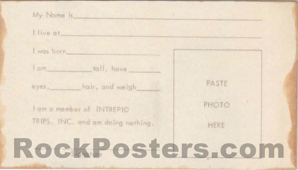 Can You Pass the Acid Test - 1965/1966 - Original Card - Merry Pranksters - Grateful Dead - Near Mint Minus - SF Rock Posters & Collectibles
