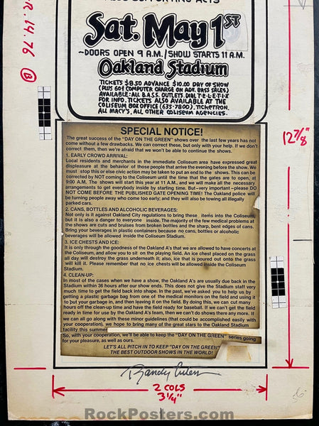 ORIGINAL ART - Day On The Green #2 - Fleetwood Mac - Randy Tuten Signed - Oakland Coliseum - 1976 SF Chronicle Ad - Excellent