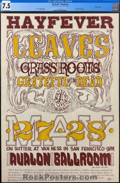 FD-10 - "Hayfever" - Grateful Dead - Wes Wilson - 1966 Poster - Avalon Ballroom - CGC Graded 7.5