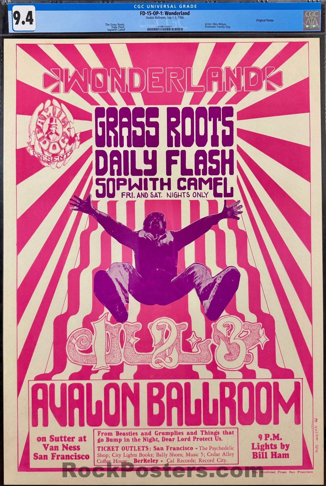 AUCTION - FD-15 - Grass Roots - Wes Wilson - 1966 Poster - Avalon Ballroom - CGC Graded 9.4