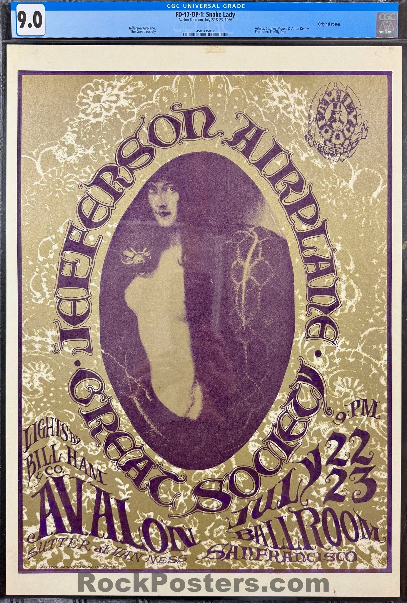 AUCTION - FD-17 - Jefferson Airplane - Mouse & Kelley - 1966 Poster - Avalon Ballroom - CGC Graded 9.0