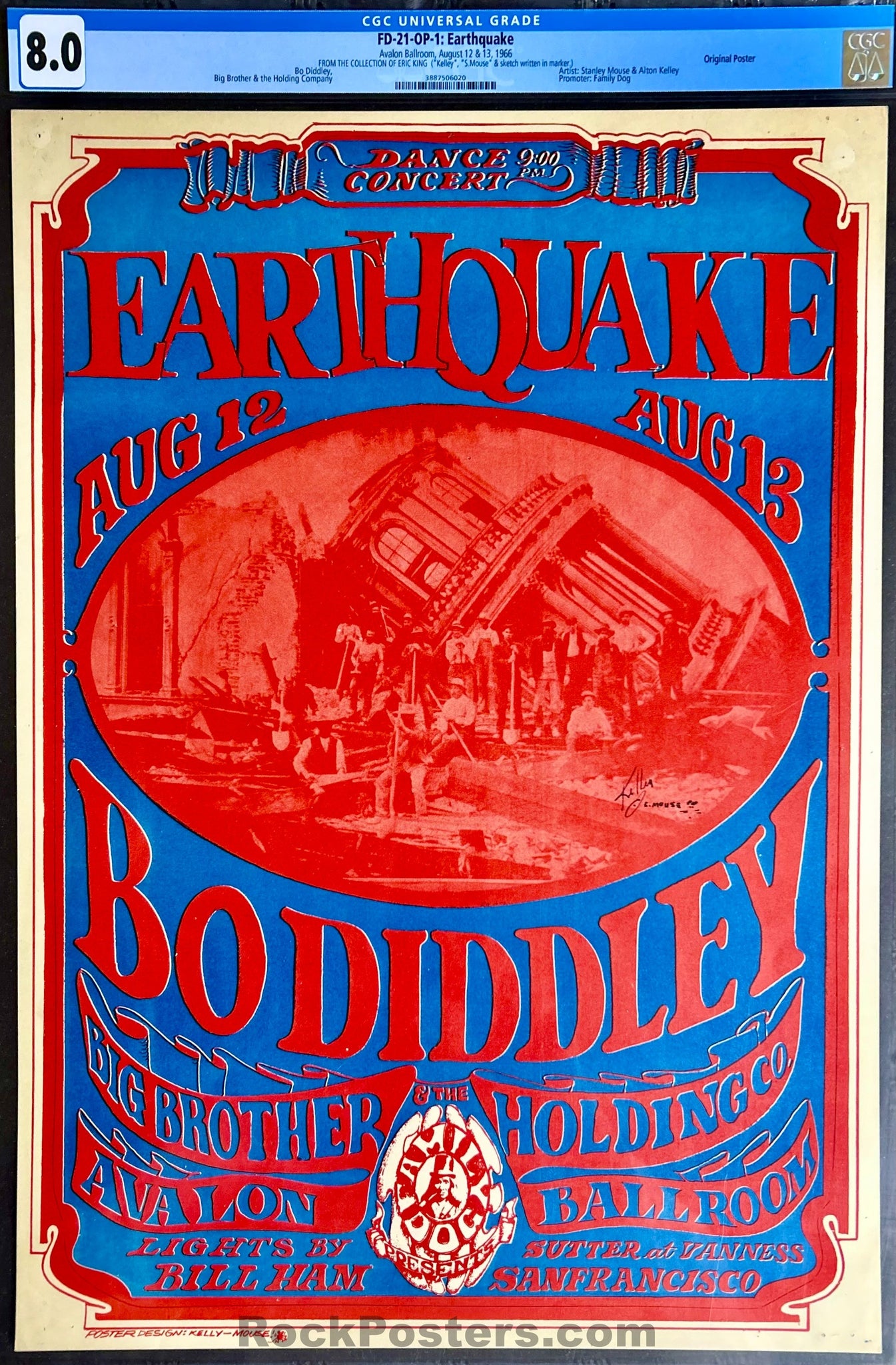 AUCTION - FD-21 - Bo Diddley - Mouse & Kelley SIGNED - 1966 Poster - Avalon Ballroom - CGC Graded 8.0