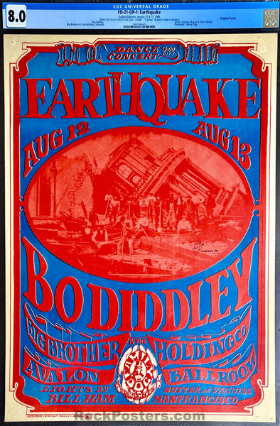 AUCTION - FD-21 - Bo Diddley - Mouse & Kelley SIGNED - 1966 Poster - Avalon Ballroom - CGC Graded 8.0
