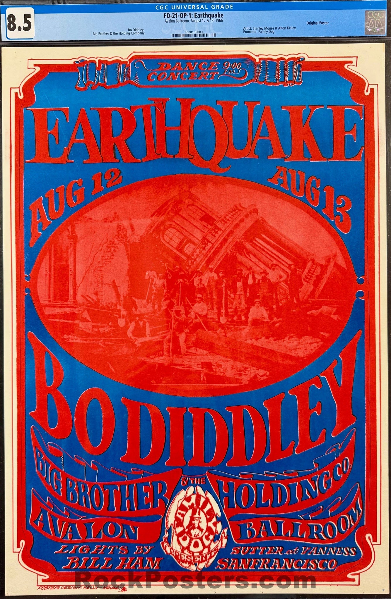AUCTION - FD-21 - Bo Diddley - Mouse & Kelley - 1966 Poster - Avalon Ballroom - CGC Graded 8.5