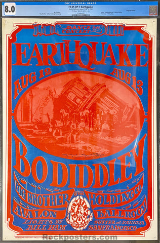 FD-21 - Bo Diddley - "Earthquake" - Stanley Mouse Signed - 1966 Poster - Avalon Ballroom - CGC Graded 8.0