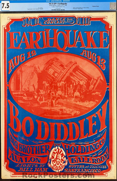 FD-21 - Bo Diddley - Big Brother Janis Joplin - Mouse Signed - 1966 Poster - Avalon Ballroom - CGC Graded 7.5