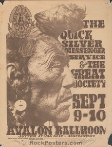 AUCTION - FD-25 - Great Society/Quicksilver - Mouse/Kelly Signed - 1966 Handbill - Avalon Ballroom - Rough