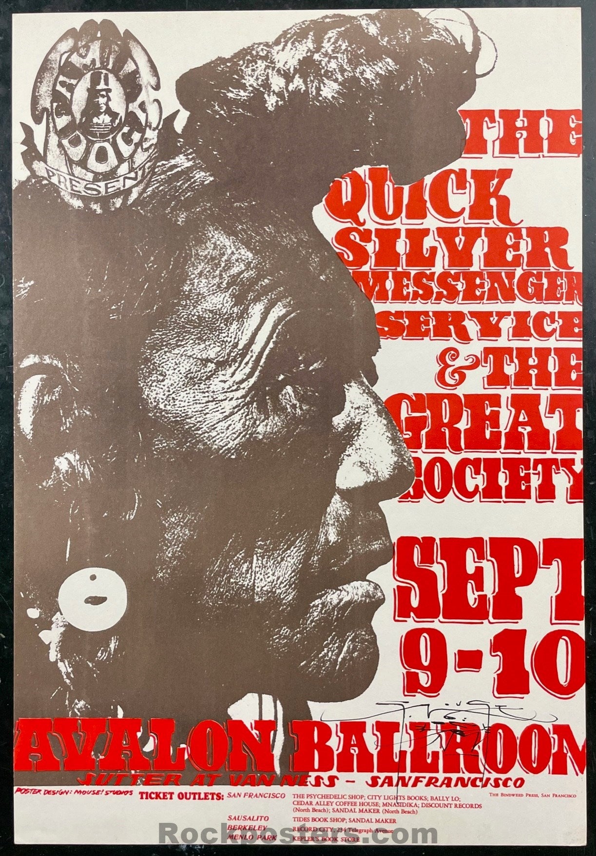 AUCTION - FD-25 - Great Society - Quicksilver Messenger - Stanley Mouse Signed - 1966 Poster - Avalon Ballroom - Near Mint Minus