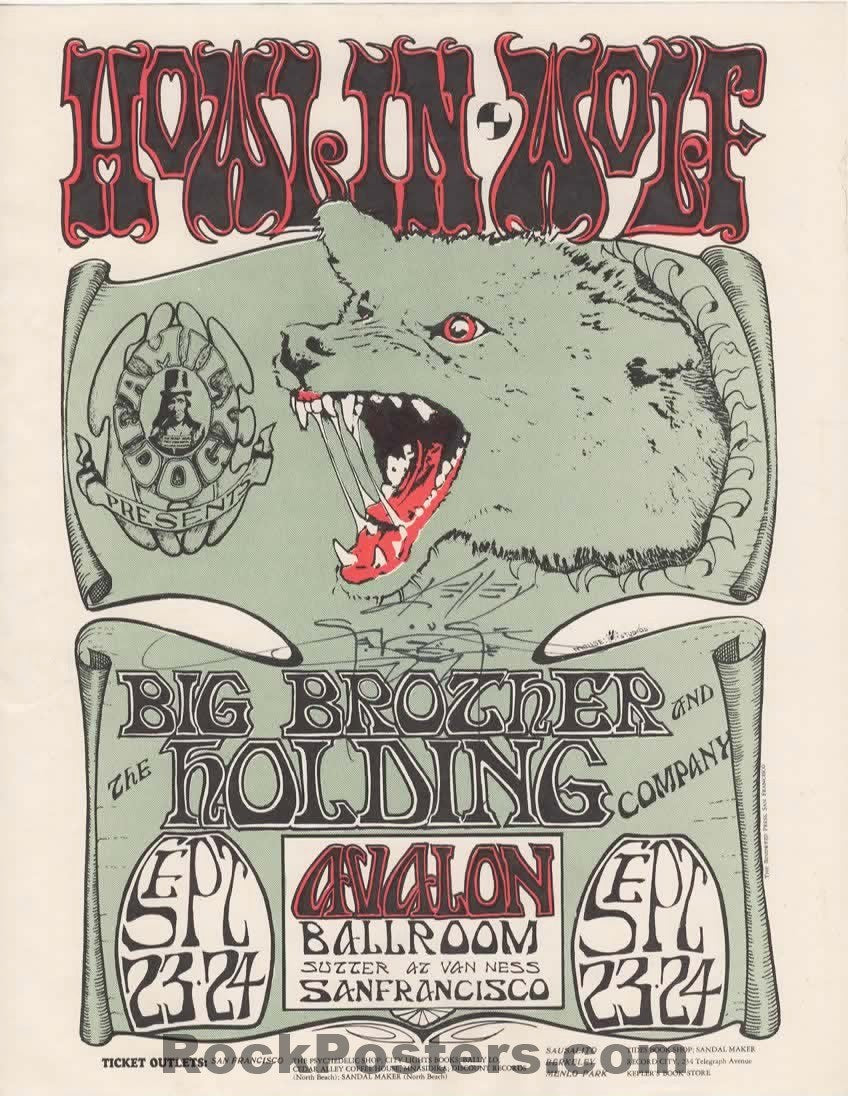 AUCTION - FD-27 - Howlin' Wolf - Big Brother Janis Joplin - Mouse & Kelley Signed - 1966 Handbill - Avalon Ballroom - Near Mint Minus