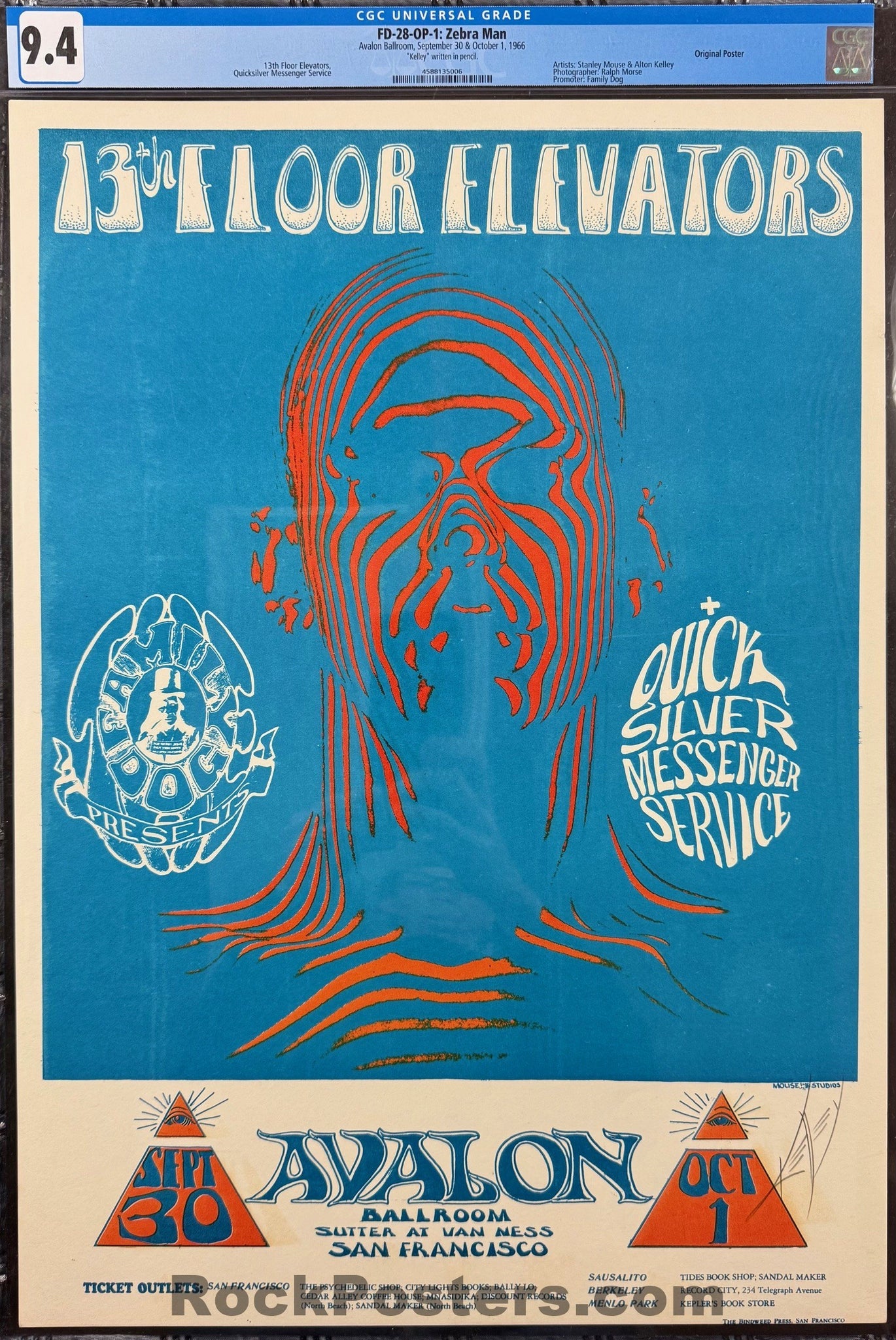 FD-28 - 13th Floor Elevators - Alton Kelley Signed - 1966 Poster - Avalon Ballroom - CGC Graded 9.4