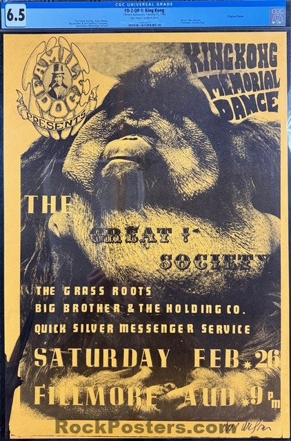 FD-2 - "King Kong" - Wes Wilson Signed - 1966 Poster - Fillmore Auditorium - CGC Graded 6.5