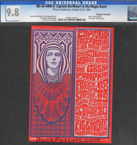 AUCTION - BG-34-OHB-A - Captain Beefheart - Wes Wilson - Fillmore Auditorium - 1966 Handbill - CGC Graded 9.8