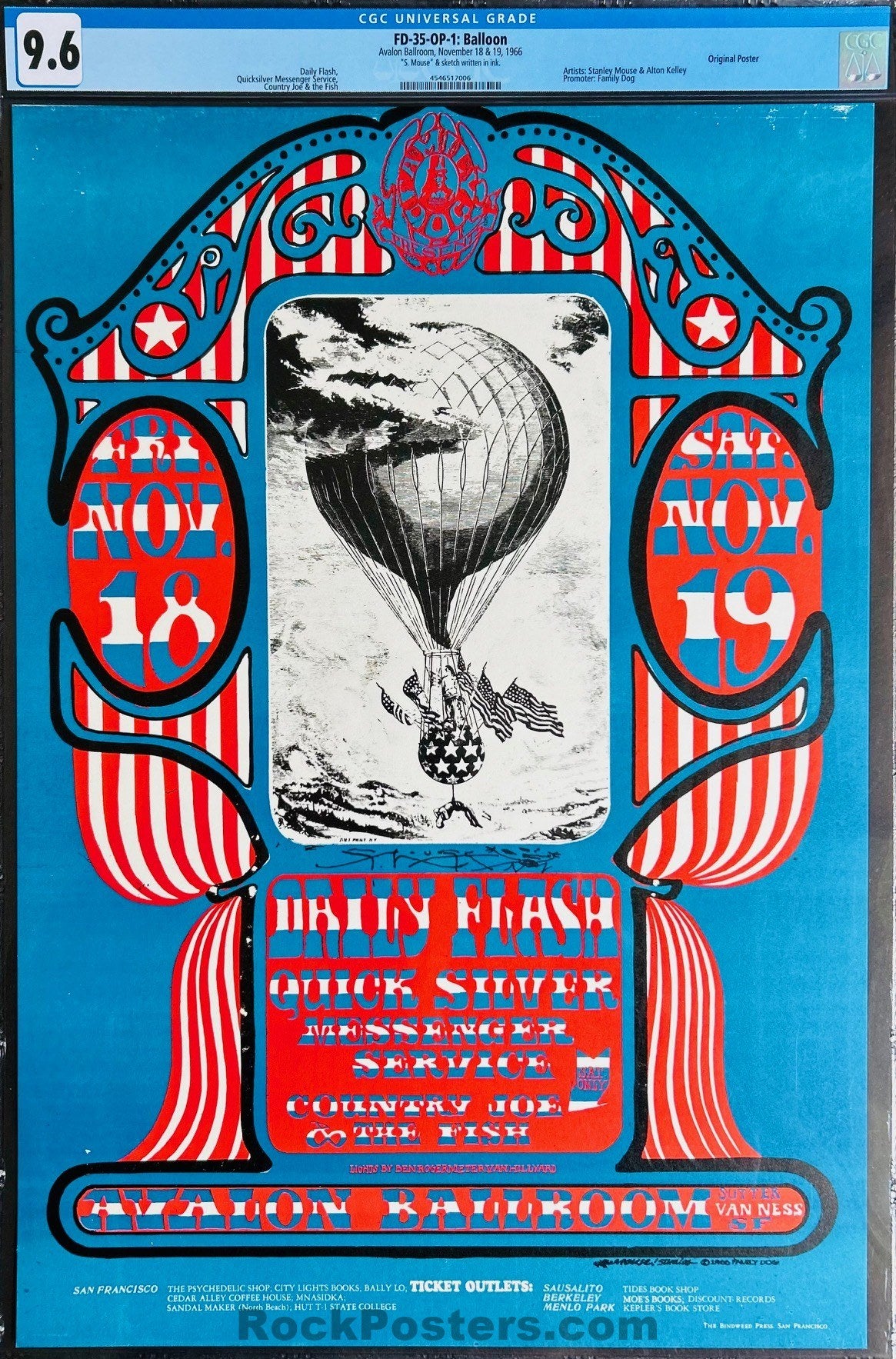 AUCTION - FD-35 - Daily Flash - Stanley Mouse Signed - 1966  Poster - Avalon Ballroom - CGC Graded 9.6