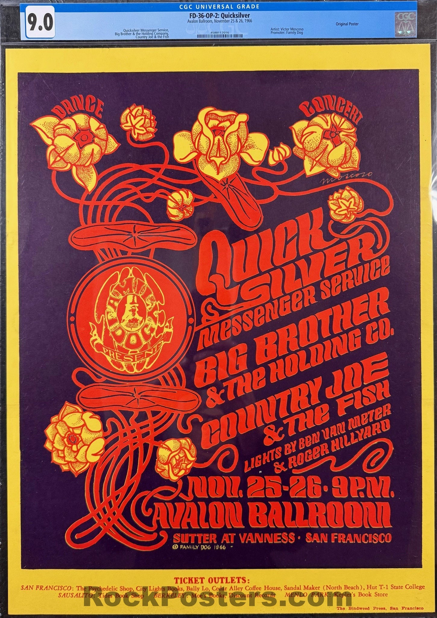 AUCTION - FD-36-OP-2 - Janis Joplin/Quicksilver - Victor Moscoso - 1966 Poster - Avalon Ballroom - CGC Graded 9.0