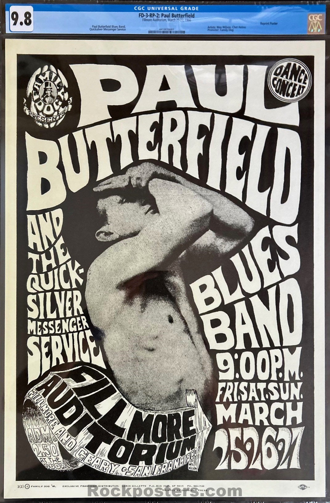 AUCTION -  FD-3-RP-2 - Butterfield Blues Band - Wes Wilson - 1966 Poster - Fillmore Auditorium - CGC Graded 9.8