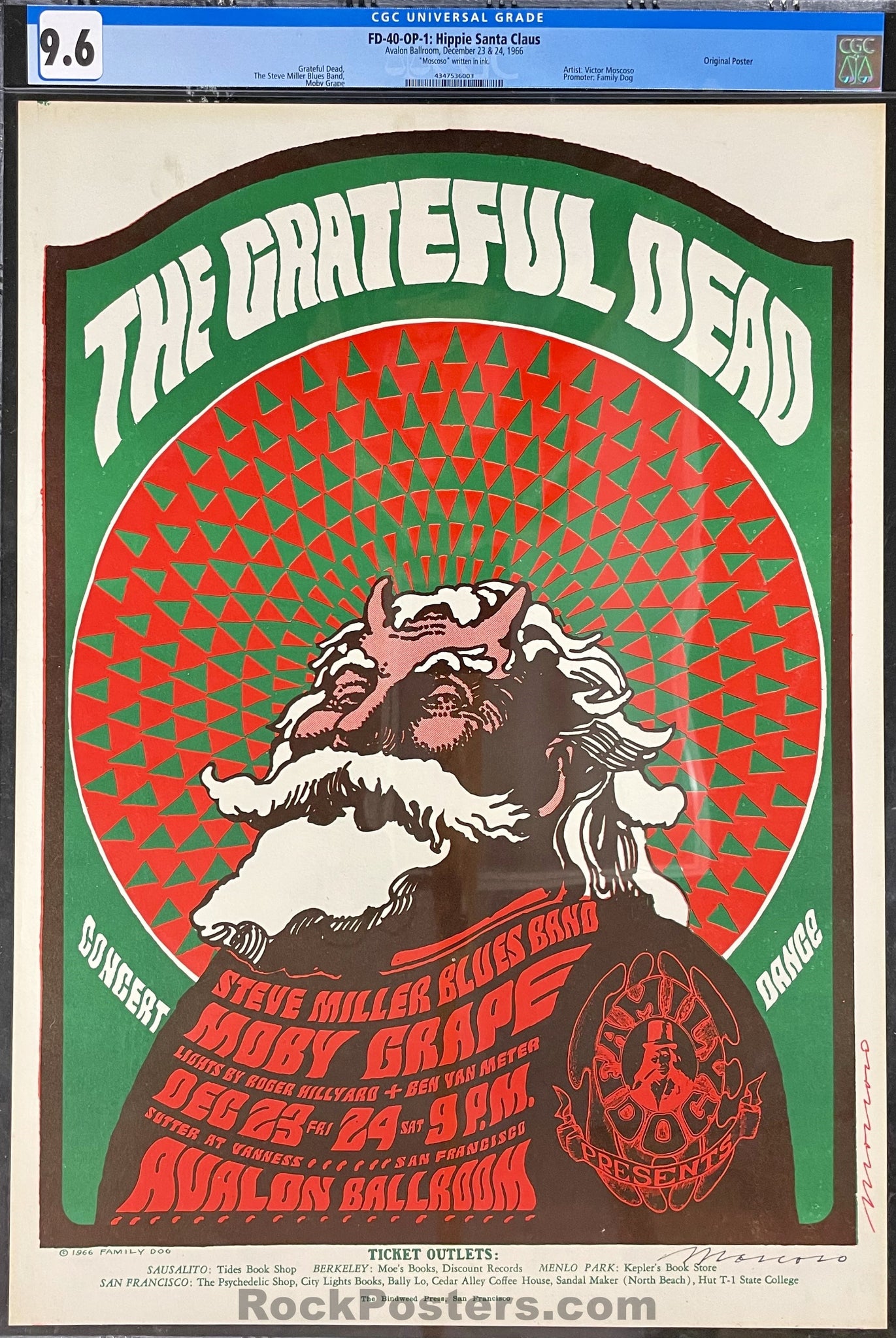 FD-40 - Grateful Dead - Victor Moscoso Signed - 1966 Poster - Avalon Ballroom - CGC Graded 9.6