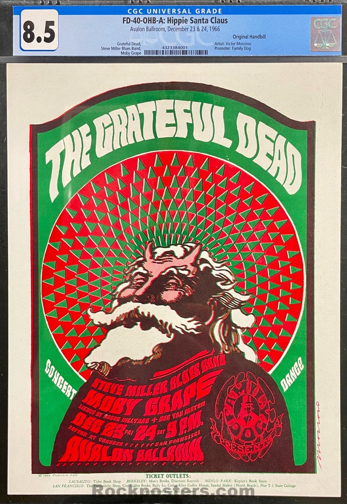 AUCTION - FD-40 - The Grateful Dead - Victor Moscoso - 1966 Handbill - Avalon Ballroom - CGC Graded 8.5