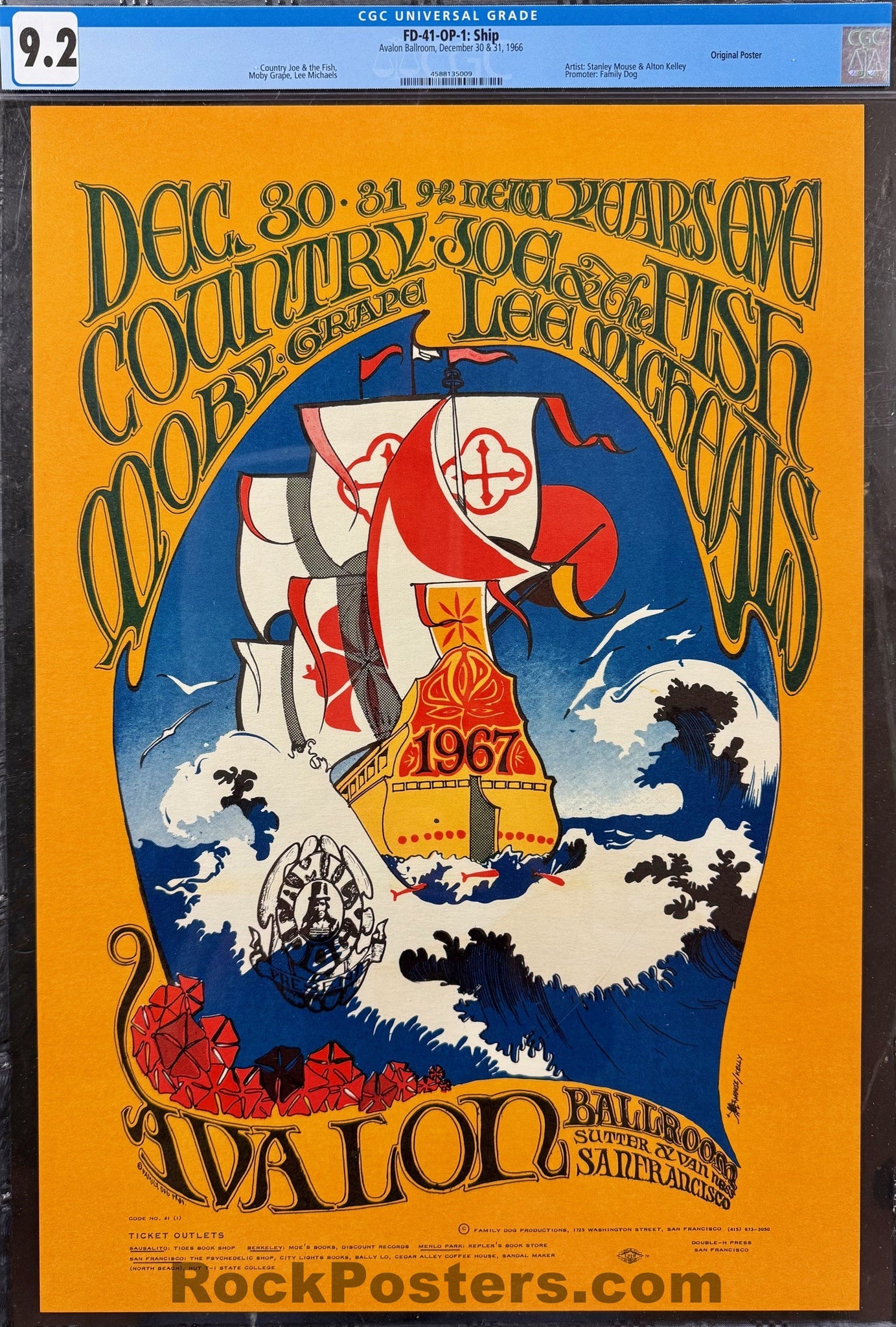 AUCTION - FD-41 - Country Joe - Moby Grape - Stanley Mouse - New Year's Eve '66 -'67 Poster - Avalon Ballroom - CGC Graded 9.2