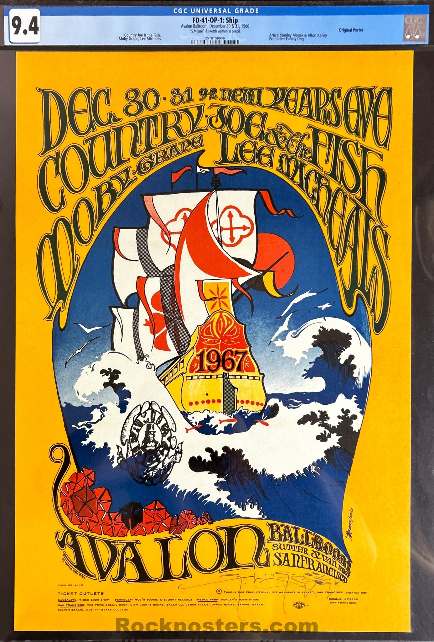 AUCTION - FD-41 - Country Joe Moby Grape  - Stanley Mouse Signed - 1966 -67 Poster - Avalon Ballroom - CGC Graded 9.4