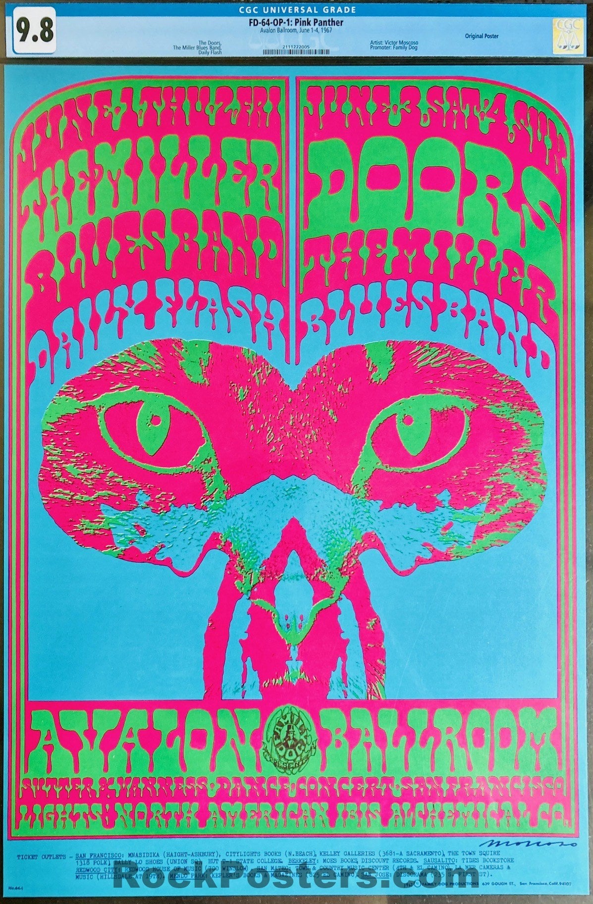 FD-64 - The Doors - Victor Moscoso - 1967 Poster - Avalon Ballroom - CGC Graded 9.8