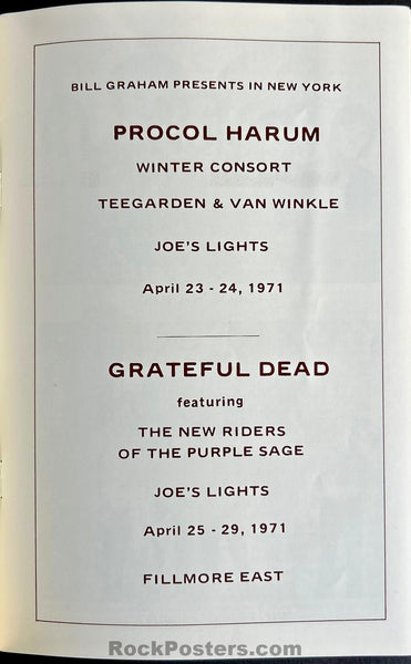 AUCTION - Grateful Dead/NRPS - Fillmore East - 1971 Concert Program - Near Mint