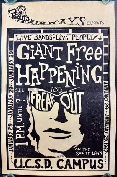 AUCTION -  Giant Free Happening - Freak Out - 1967 Poster - UCSD Campus San Diego  Excellent