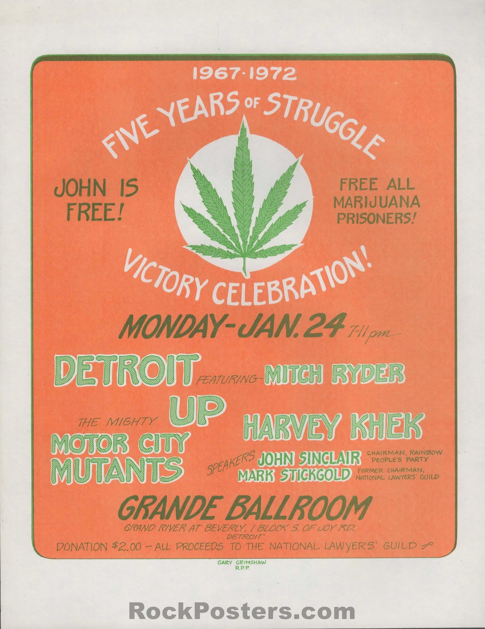 AUCTION - John Sinclair - Freedom Celebration - Gary Grimshaw - 1972 Handbill - Grande Ballroom - Near Mint