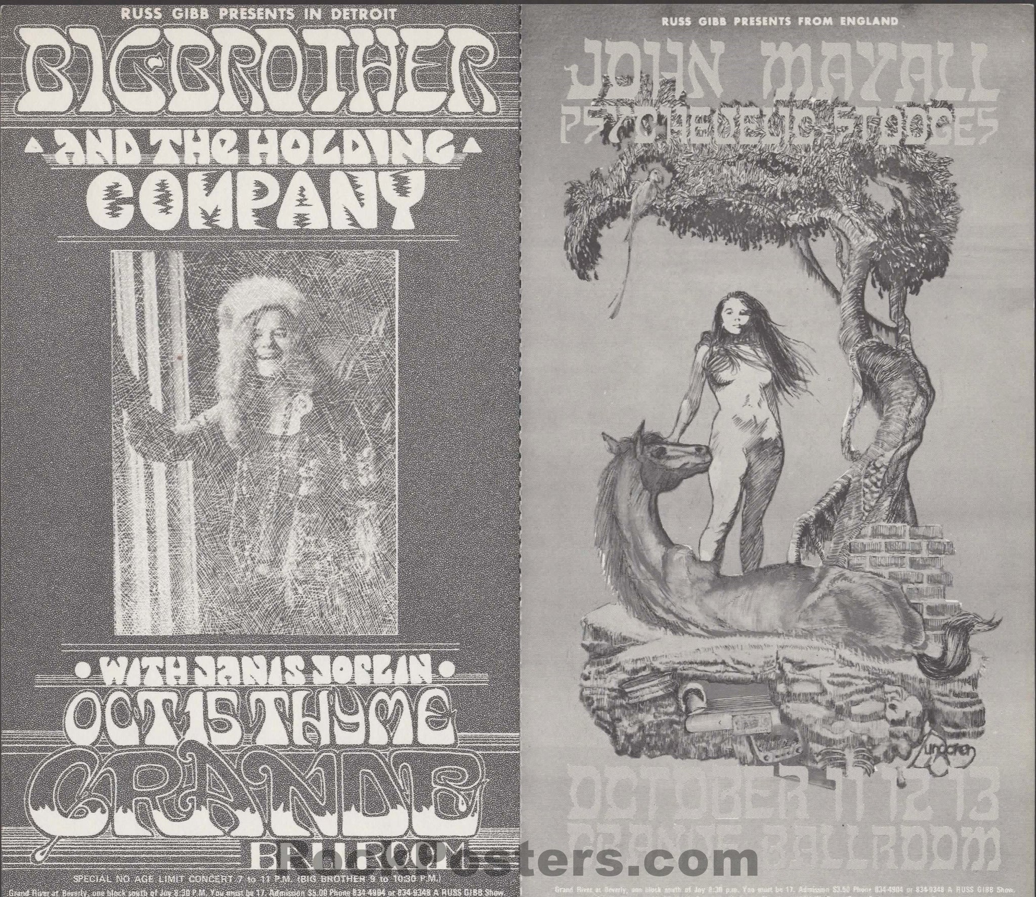 AUCTION - Big Brother Janis Joplin - Iggy Pop Stooges - 1968 Double Postcard - Grande Ballroom - Near Mint