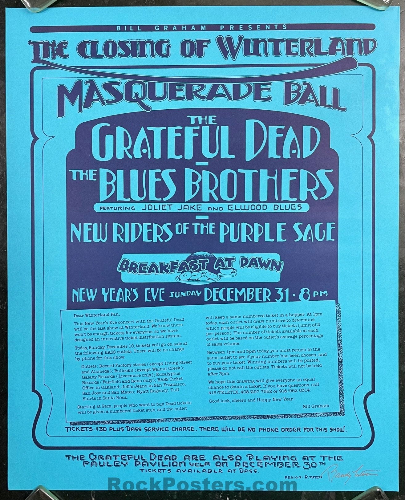 AUCTION - Grateful Dead Blues Brothers - Randy Tuten Signed - Winterland Closing - New Year's 1978 - Concert Poster - Excellent