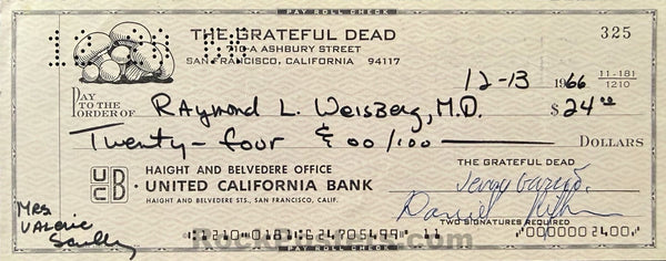 Grateful Dead - Jerry Garcia & Danny Rifkin SIGNED - 1966 Check - Near Mint