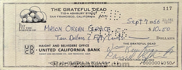 Grateful Dead - Bill Kreutzmann & Danny Rifkin Signed - 1966 Check - Near Mint