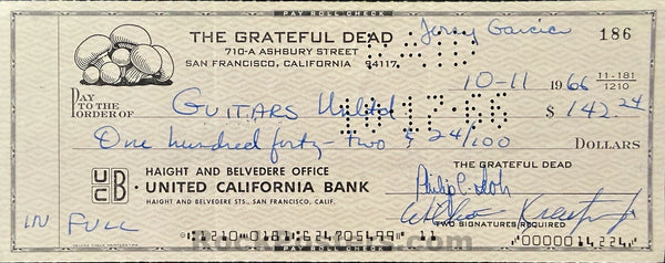 Grateful Dead - Phil Lesh & Bill Kreutzmann Signed - 1966 Check - Near Mint