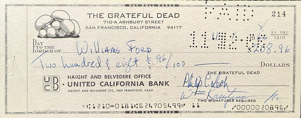 Grateful Dead - Phil Lesh & Bill Kreutzmann Signed - 1966 Check - Near Mint