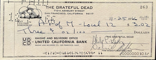 Grateful Dead - Phil Lesh & Danny Rifkin Signed - 1966 Check - Near Mint