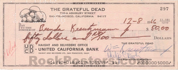 AUCTION - Grateful Dead - Lesh & Kreutzmann Signed - 1966 Check - Near Mint