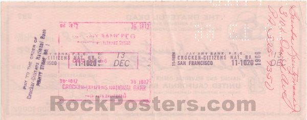 AUCTION - Grateful Dead - Lesh & Kreutzmann Signed - 1966 Check - Near Mint