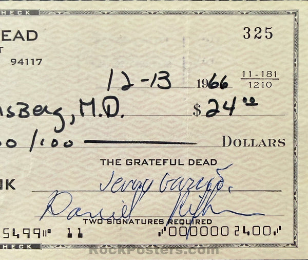 Grateful Dead - Jerry Garcia & Danny Rifkin SIGNED - 1966 Check - Near Mint
