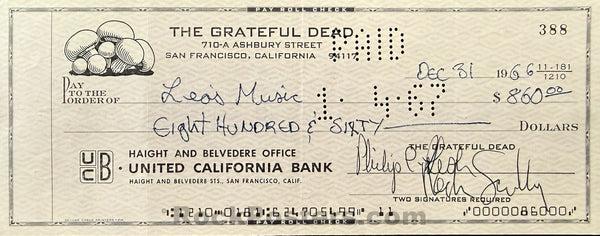 Grateful Dead - Phil Lesh & Rock Scully Signed - 1966 Check - Near Mint