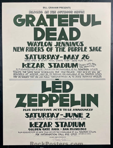 AUCTION - Grateful Dead/Led Zeppelin - Randy Tuten Signed - 1973 Poster - Kezar Stadium - Near Mint Minus