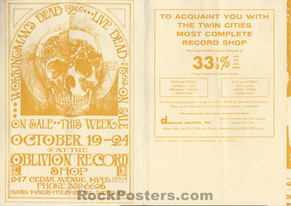 AUCTION - Grateful Dead - 1970 Fold Out Handbill - Minneapolis, MN - Guthrie Theater - Excellent