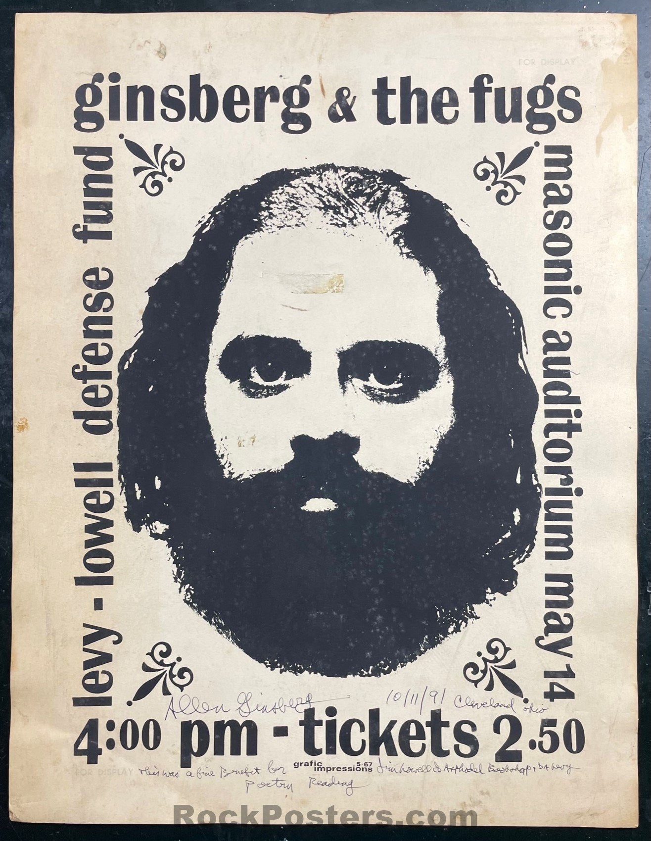 AUCTION - Fugs - Allen Ginsberg - Signed - Cleveland, OH - 1967 Board Poster - Very Good