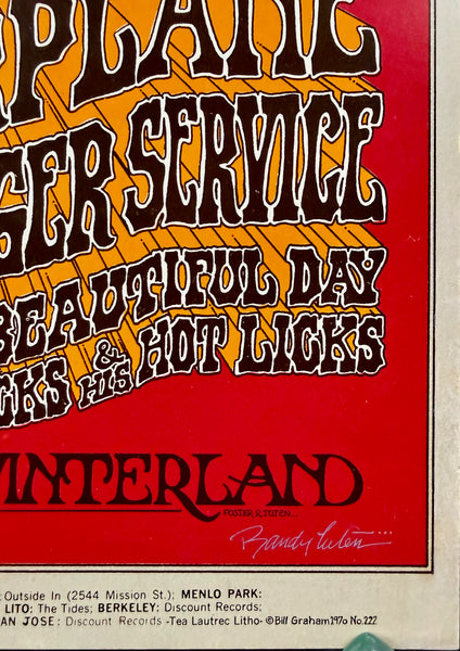 AUCTION - BG-222 - Jefferson Airplane - Grateful Dead Benefit - Grace Slick & Tuten SIGNED - 1970 Poster - Winterland - Excellent - SF Rock Posters & Collectibles