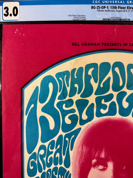 AUCTION - BG-25 - 13th Floor Elevators - Wes Wilson - 1966 Poster - Fillmore Auditorium - CGC Graded 3.0