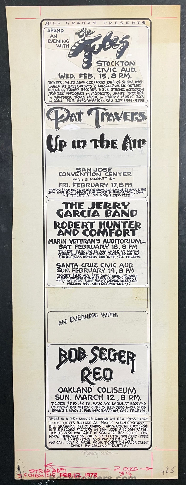 ORIGINAL ART - Jerry Garcia Band - Randy Tuten Signed - 1978 SF Chronicle Ad - Multiple Venues - Excellent