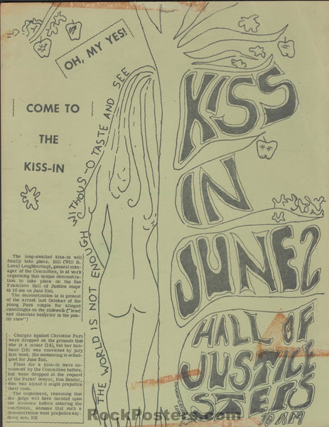 AUCTION -  Kiss-In - 1967 Protest  Handbill -  Hall of Justice SF  - Very Good