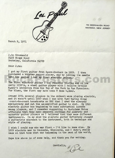 AUCTION - Les Paul - Hand-Signed - 1971 Framed Letter - Excellent