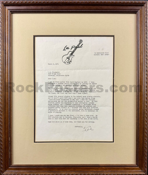 AUCTION - Les Paul - Hand-Signed - 1971 Framed Letter - Excellent