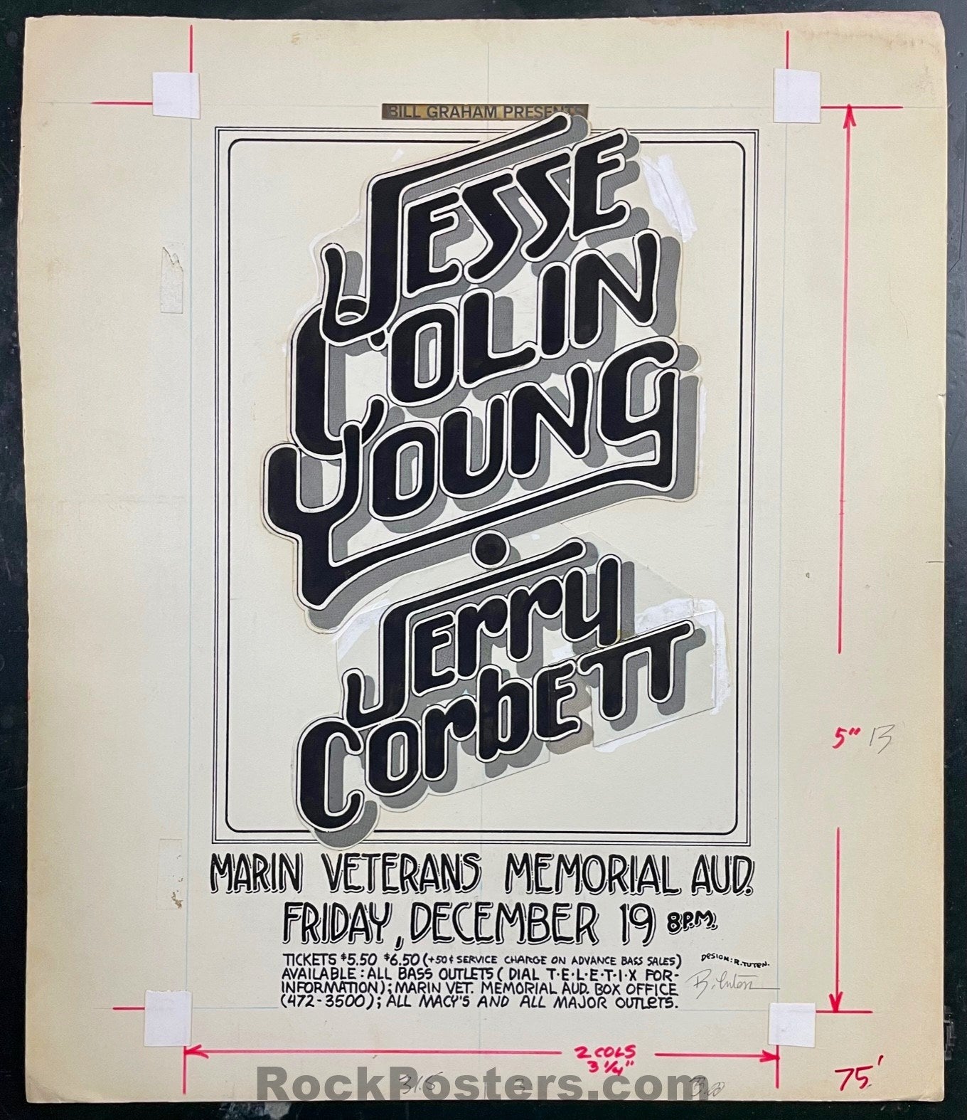 ORIGINAL ART -  Jesse Colin Young - Randy Tuten Signed - 1975 Newspaper Ad - Marin Veterans Auditorium - Excellent